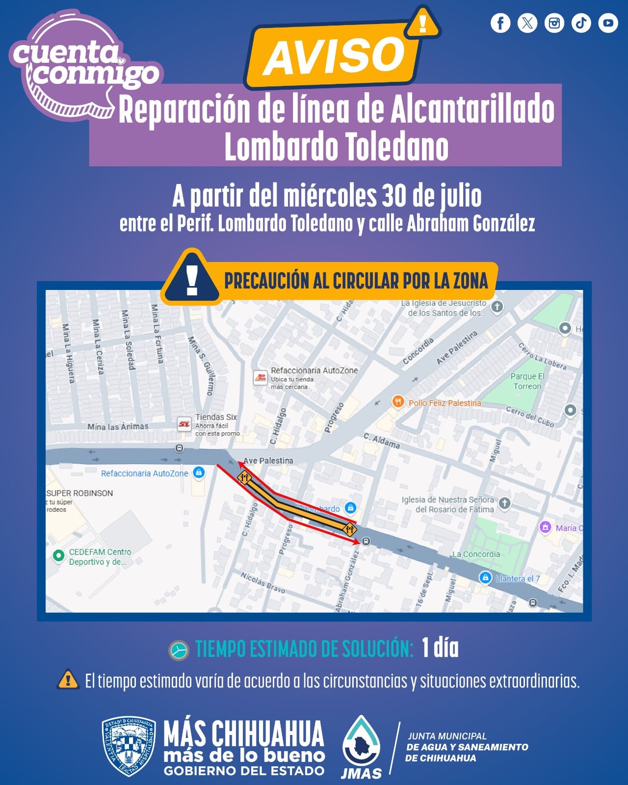Cerrarán carriles en la Lombardo Toledano por reparaciones a partir de mañana