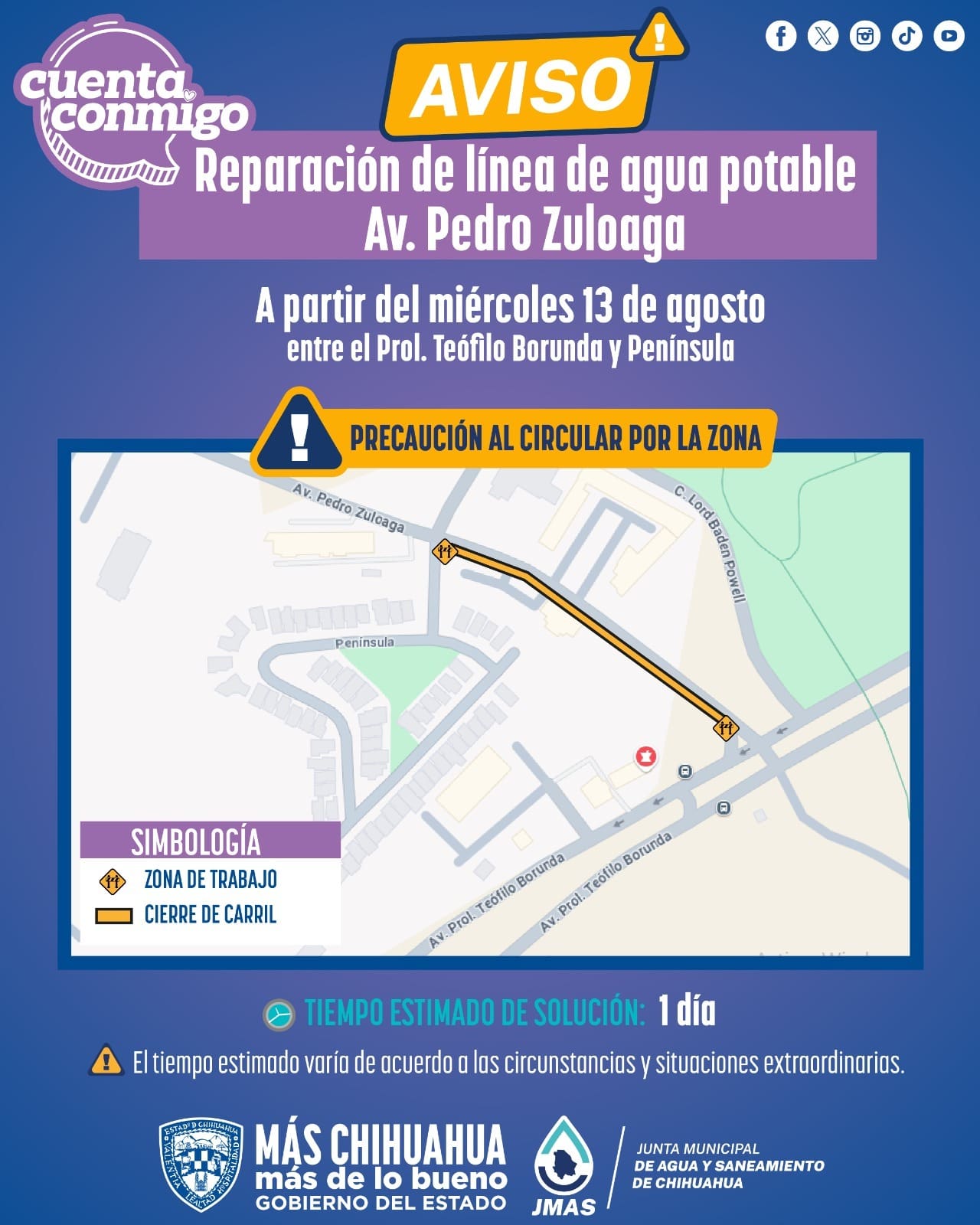 Reparaciones en línea de agua en la Pedro Zuloaga afectarán el tráfico
