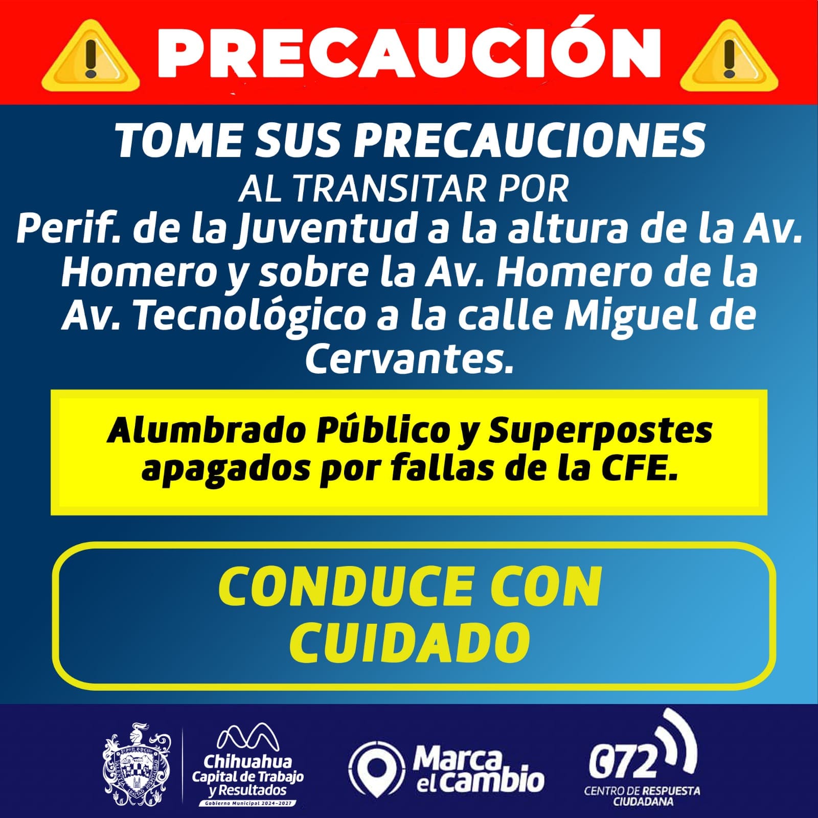 Por apagón de la CFE, falla alumbrado en el Periférico y Homero