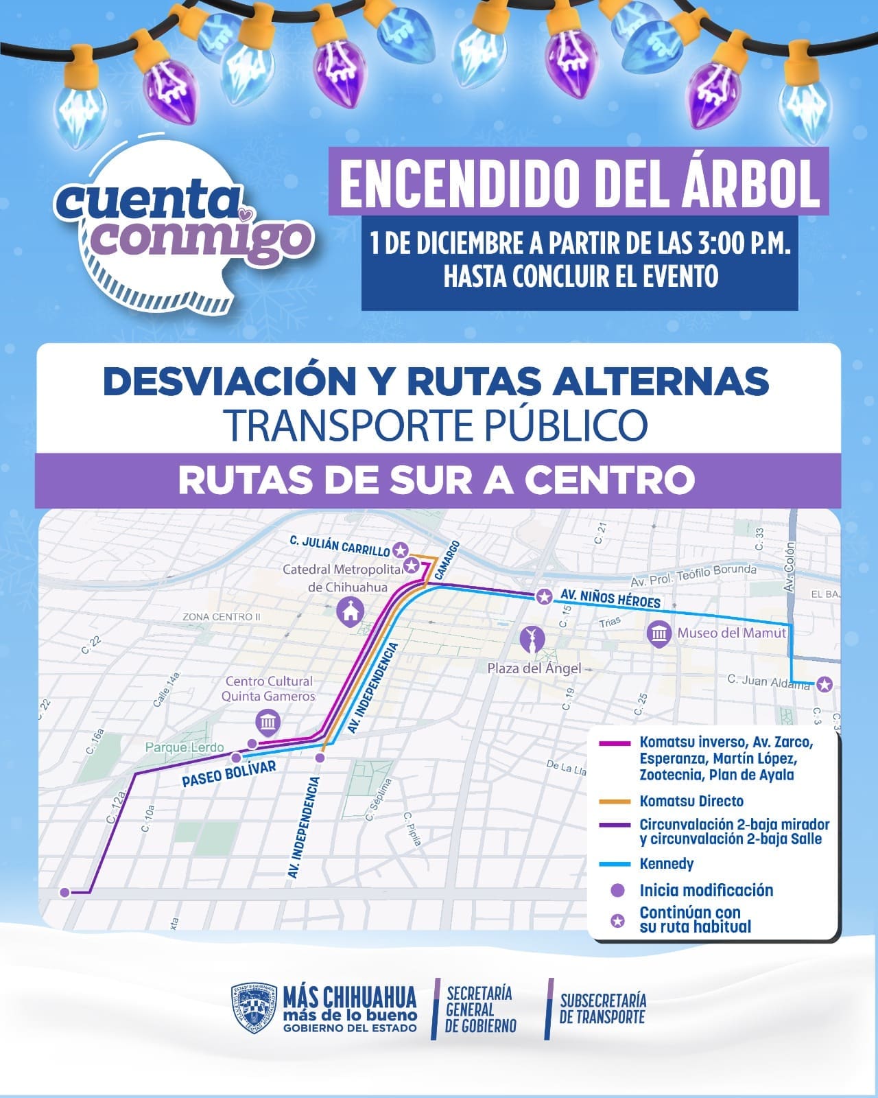 Modificarán rutas de transporte para el Encendido del Árbol Navideño