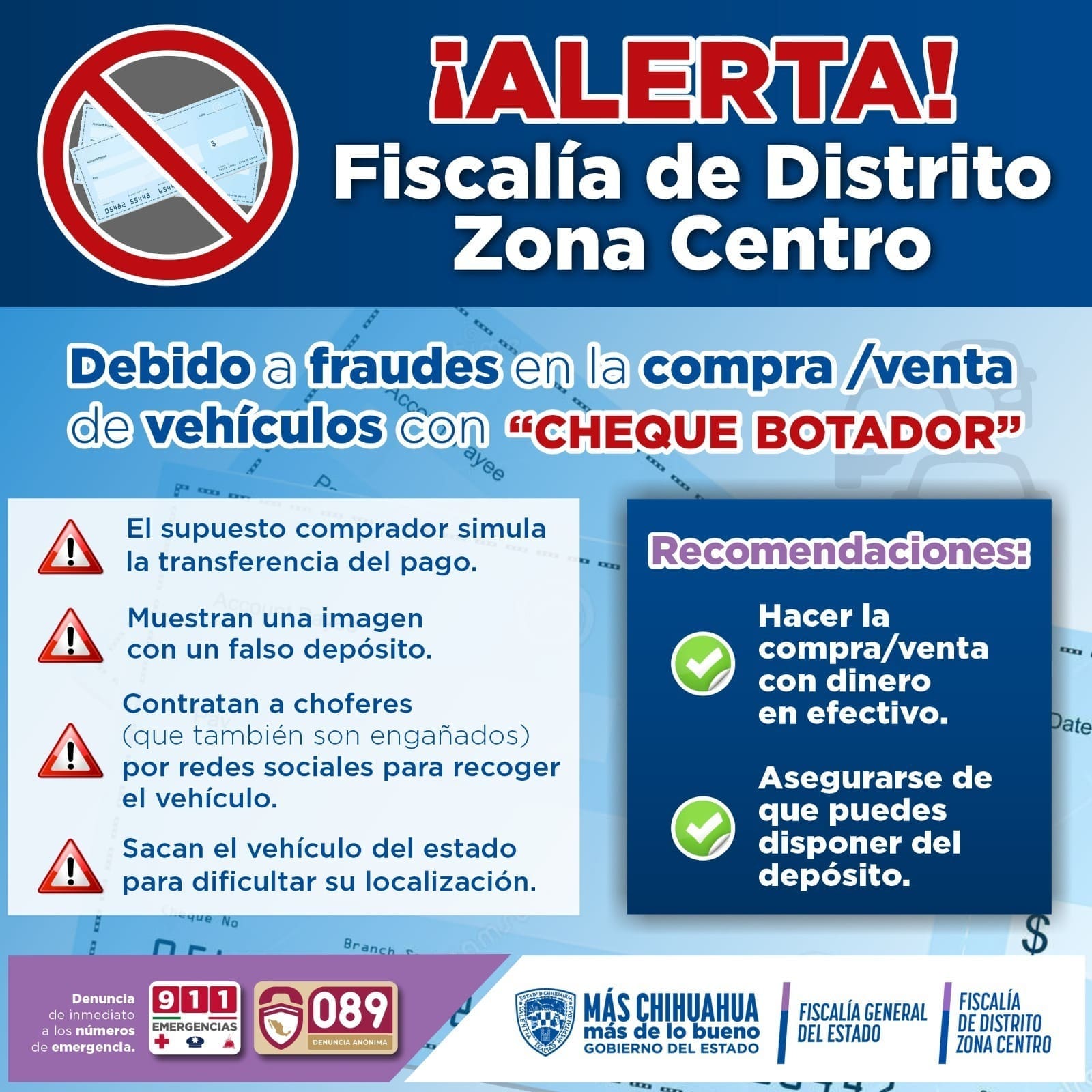 Alerta Fiscalía Zona Centro por fraudes con «cheque botador»