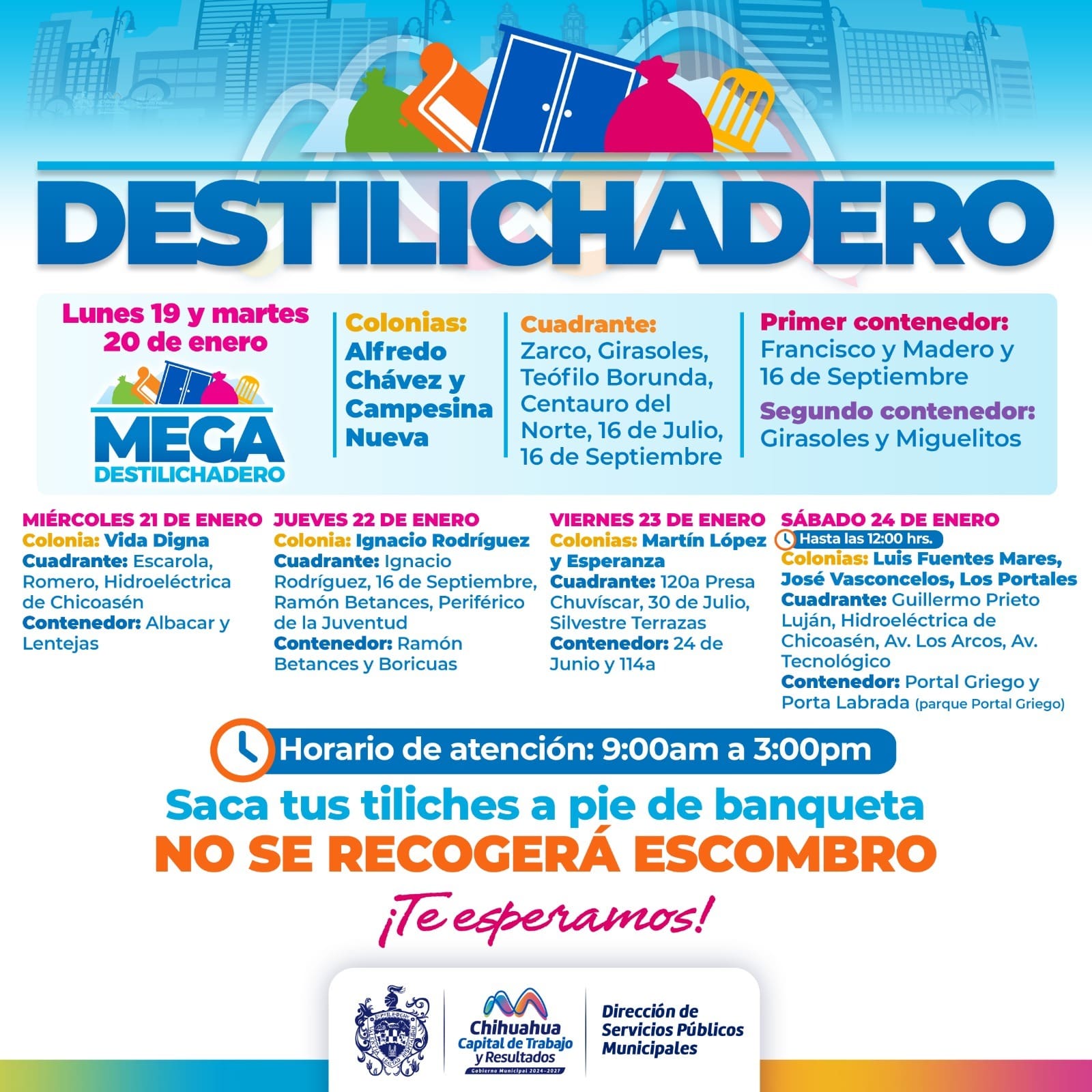 Anuncian Destilichadero en nueve colonias del 19 al 24 de enero