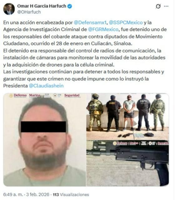 Capturan a presunto responsable del ataque contra diputados de MC en Culiacán