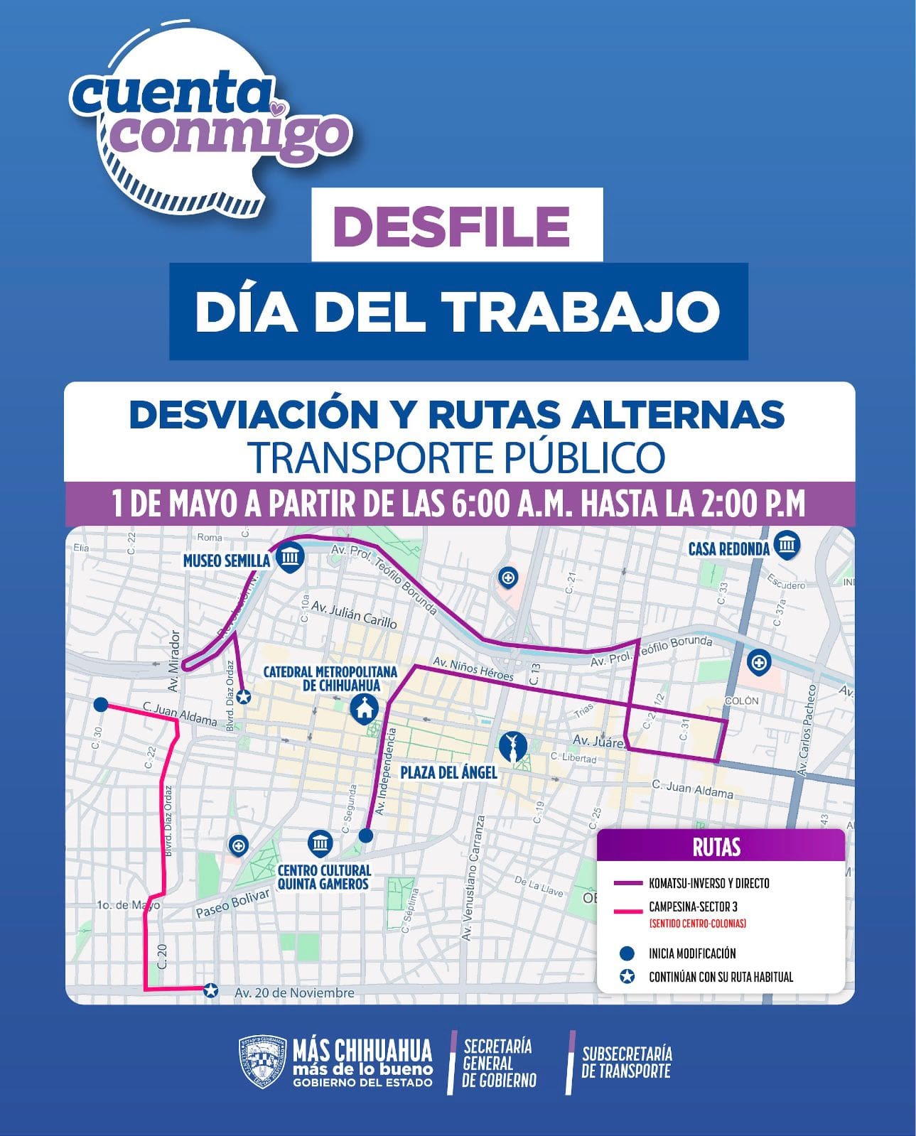 Por desfile del 1 de mayo, modificarán rutas de transporte en el Centro 