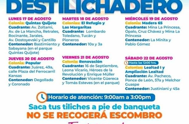 Llevarán Destilichadero a seis colonias del 17 al 22 de agosto