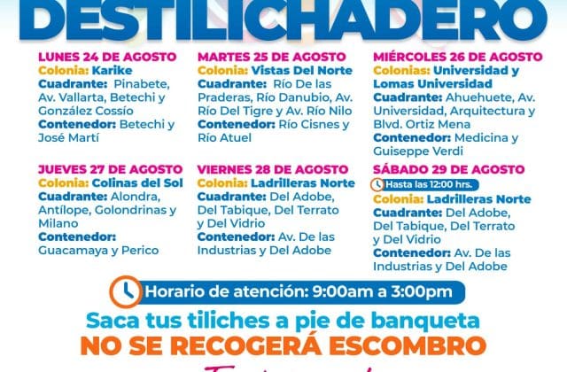 Destilichadero recorrerá siete colonias del 24 al 29 de agosto