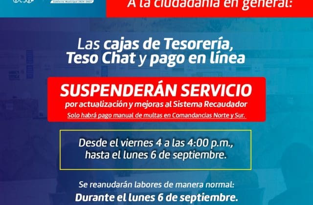 Suspenderán cajas de Tesorería por actualización del sistema