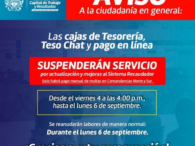 Suspenderán cajas de Tesorería por actualización del sistema