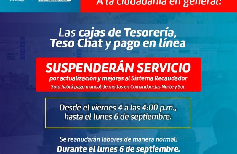 Suspenderán cajas de Tesorería por actualización del sistema