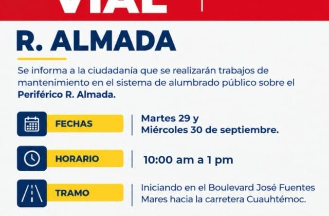 Realizarán mantenimiento al alumbrado público del R. Almada este martes y miércoles