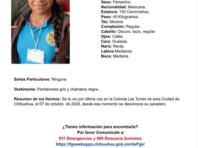 Desaparece menor al salir de su casa en las Torres de la capital