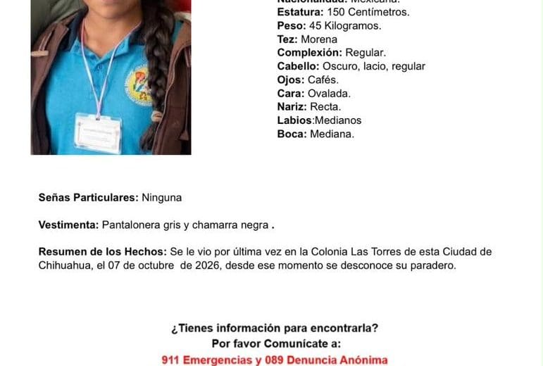 Desaparece menor al salir de su casa en las Torres de la capital